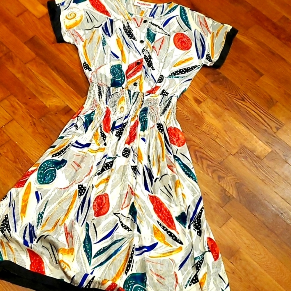 😍VINTAGE 80S SILK Abstract Printed DRESS 8